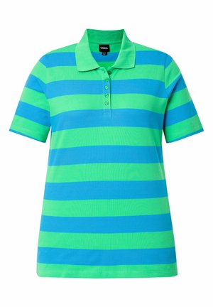 Kortærmet poloshirt med skiftevis brede vandrette blå og grønne striber og en knappet krave.