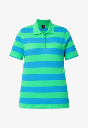 Kortærmet poloshirt med skiftevis brede vandrette blå og grønne striber og en knappet krave.