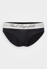Zwarte damesonderbroeken met een witte elastische tailleband met "Karl Lagerfeld" in cursieve letters. Zacht stof, klassieke design.