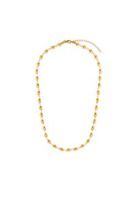 Collier en perles dorées et blanches avec des perles dorées en forme d'oval alternant avec de petites perles blanches, doté d'un fermoir en lobster et d'une chaîne ajustable.