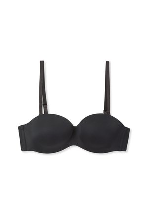Reggiseno imbottito nero senza spalline con spalline regolabili removibili su uno sfondo bianco.