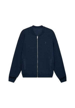 Marineblaue Bomberjacke mit Reißverschluss, gerippten Bündchen und Saum, zwei Vordertaschen und einem kleinen Emblem auf der linken Brust.