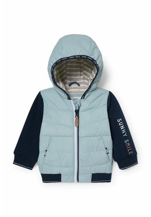 Veste pour tout-petit bleu clair et bleu marine avec capuche, doublure intérieure rayée, fermeture éclair devant et inscription "SUNNY SMILE" sur la manche droite.