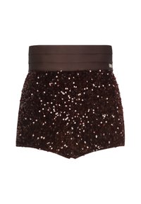 Pantaloni corti marroni con paillettes e un ampio elastico in vita. I pantaloni corti presentano una texture lucida e un design aderente, decorati con paillettes riflettenti.