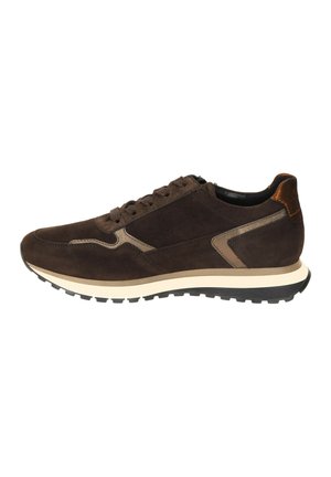 Brown suede sneaker with beige accents, round toe, dark rubber sole, and lace-up design. Includes a contrasting brown heel tab.