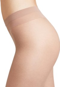 Collant beige a coscia alta senza cuciture, con una ampia fascia trasparente liscia nella parte superiore, che offre una vestibilità aderente. Texture opaca.