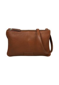 Braune Leder-Clutch mit körniger Struktur, rechteckiger Form, Reißverschluss oben und abnehmbarem Schultergurt.