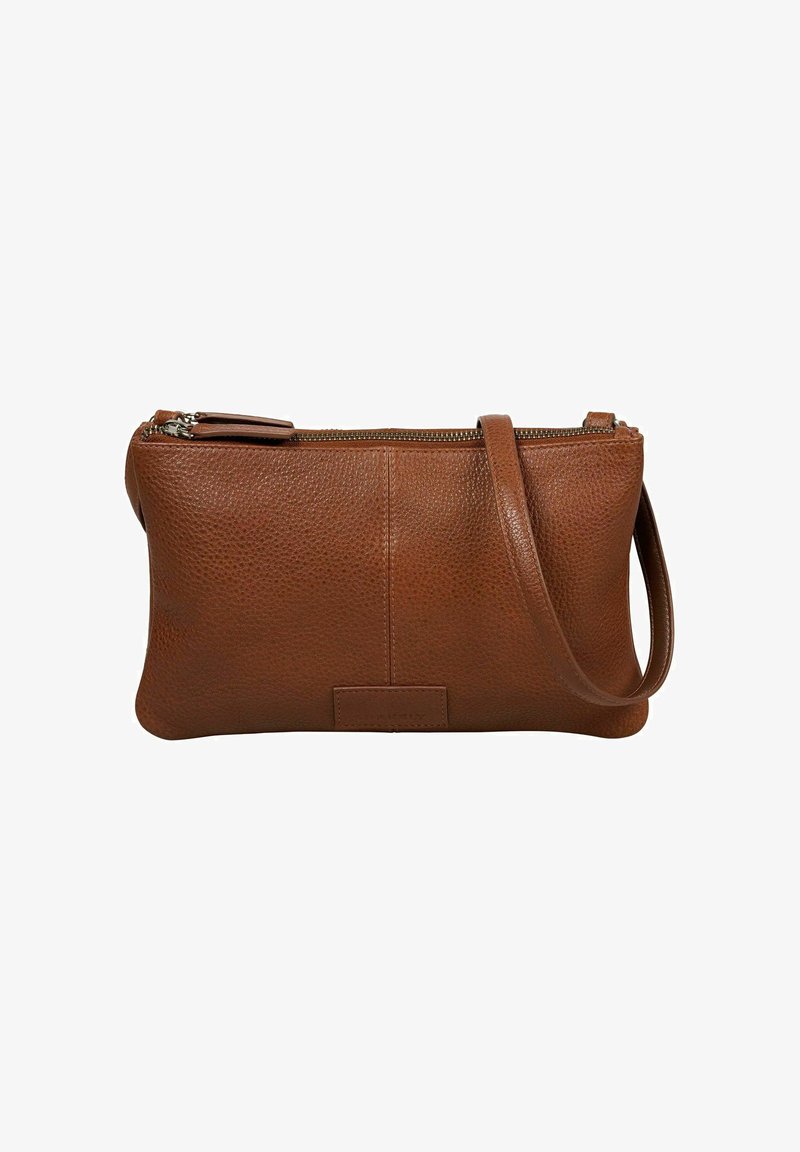Braune Leder-Clutch mit körniger Struktur, rechteckiger Form, Reißverschluss oben und abnehmbarem Schultergurt.