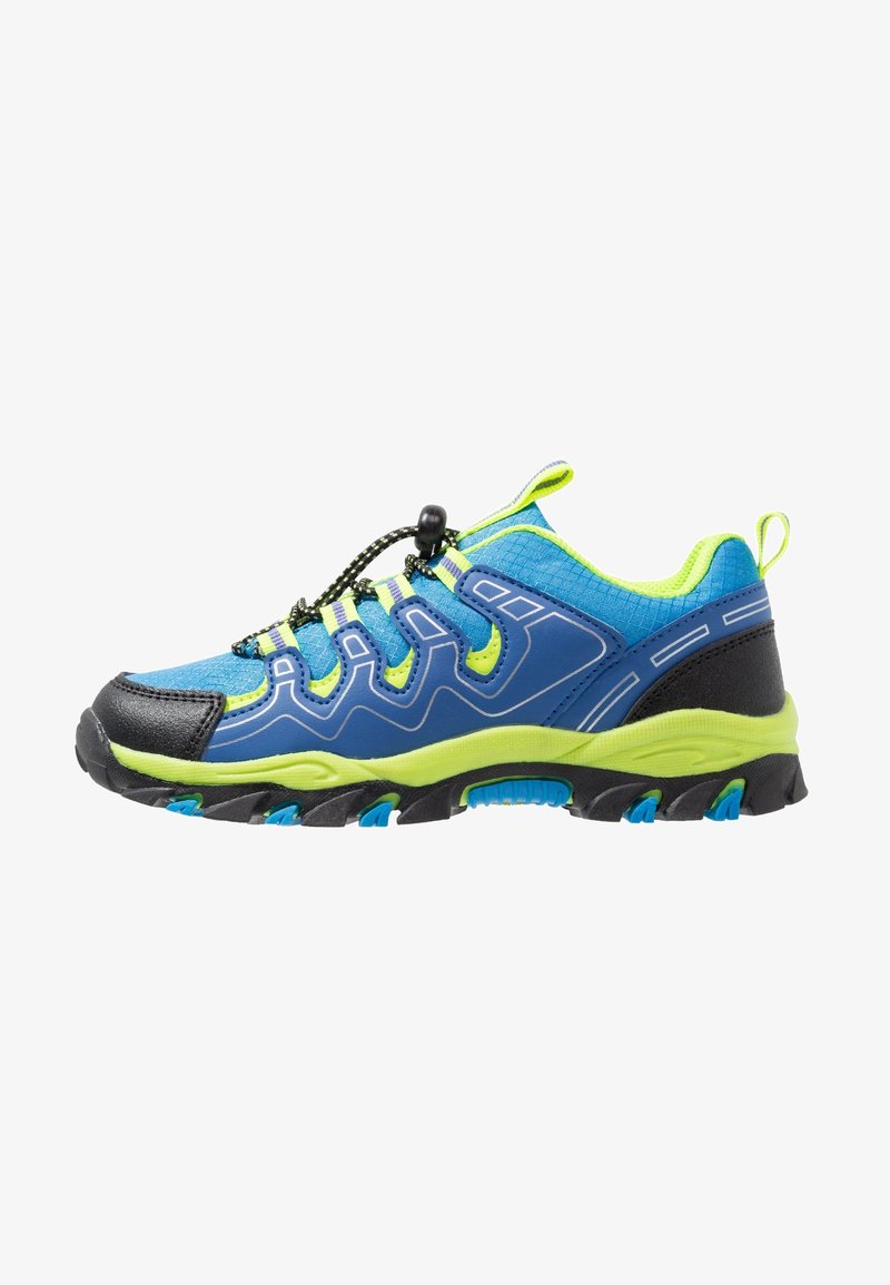 Chaussure de randonnée bleue et vert néon avec semelle noire, laçage élastique et bouts renforcés et talon pour activités de plein air.
