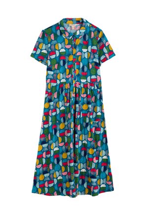 Vestido de manga corta con un diseño de botones y una cintura ajustada. Hecho de una tela con un fondo azul, adornada con patrones geométricos coloridos.