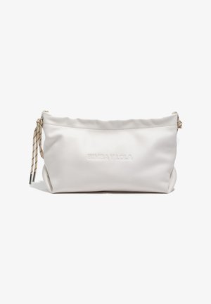 Pochette en cuir souple blanc avec fermeture à cordon de serrage de chaque côté et logo "BIMBA Y LOLA" embossé au centre avant.