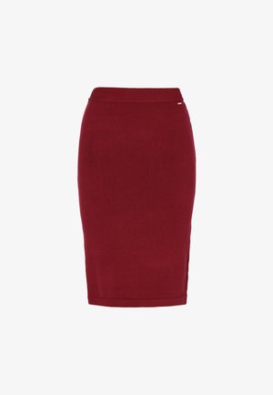 Burgundowa dzianinowa spódnica do kolan z prążkowanym pasem i subtelnym logo. Gładka faktura i dopasowany krój.