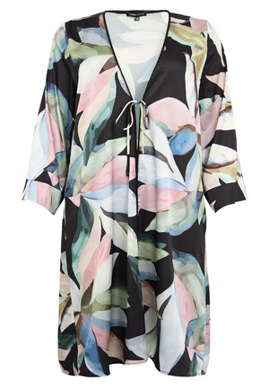 Jurk met lange mouwen met een meerkleurig abstract bladpatroon, een V-hals en een sluiting met strik aan de voorkant.