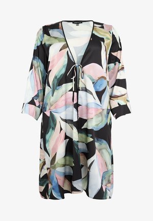 Langärmeliges Kleid mit mehrfarbigem, abstraktem Blattmuster, V-Ausschnitt und vorderer Bindung.