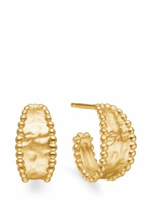 Cercei cerc din aur cu textură bătută și margini cu mărgele, prevăzuți cu sistem de prindere pentru urechi găurite.