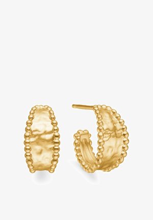 Cercei cerc din aur cu textură bătută și margini cu mărgele, prevăzuți cu sistem de prindere pentru urechi găurite.