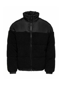 Chaqueta negra que presenta una mezcla de tejidos lisos y texturizados, un cuello alto y puños elásticos. Cierre con cremallera que se extiende por el frontal.