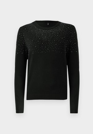 Black sweater with long sleeves, round neckline, and a gradient of silver embellishments at the top. Ribbed hem and cuffs. Soft texture.