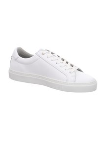 Weiße Leder-Sneaker mit glatter Textur, flacher Gummisohle, runder Spitze und Schnürdesign mit minimalen Nähdetails.