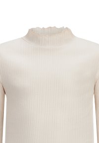 Rippstrick-Turtleneck-Oberteil in Off-White. Verfügt über einen gewellten Kragen und eine taillierte Silhouette, aus weichem, strukturiertem Material gefertigt.