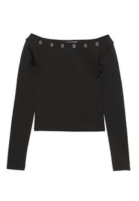 Schwarzes Langarmshirt mit schulterfreiem Ausschnitt, verziert mit silbernen Ösen auf der Vorderseite. Hergestellt aus weichem, dehnbarem Material.