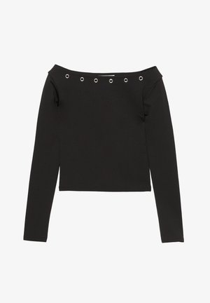 Czarna bluzka z długim rękawem i dekoltem odkrywającym ramiona, ozdobiona srebrnymi przelotkami na przodzie. Wykonana z miękkiego, elastycznego materiału.