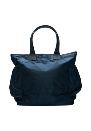 Stor svart handlenett med dobbelthåndtak og to rynkede sidelommer, laget av glatt nylonstoff.