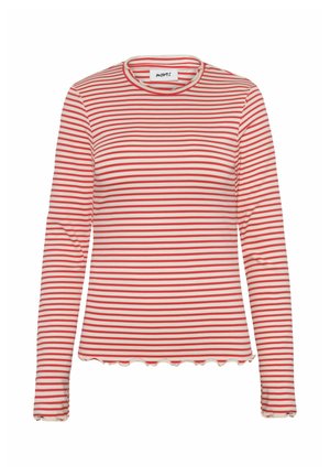 Červené a biele pruhované tričko s dlhým rukávom, vyrobené z priedušného materiálu, s okrúhlym výstrihom a zúženým lemom.