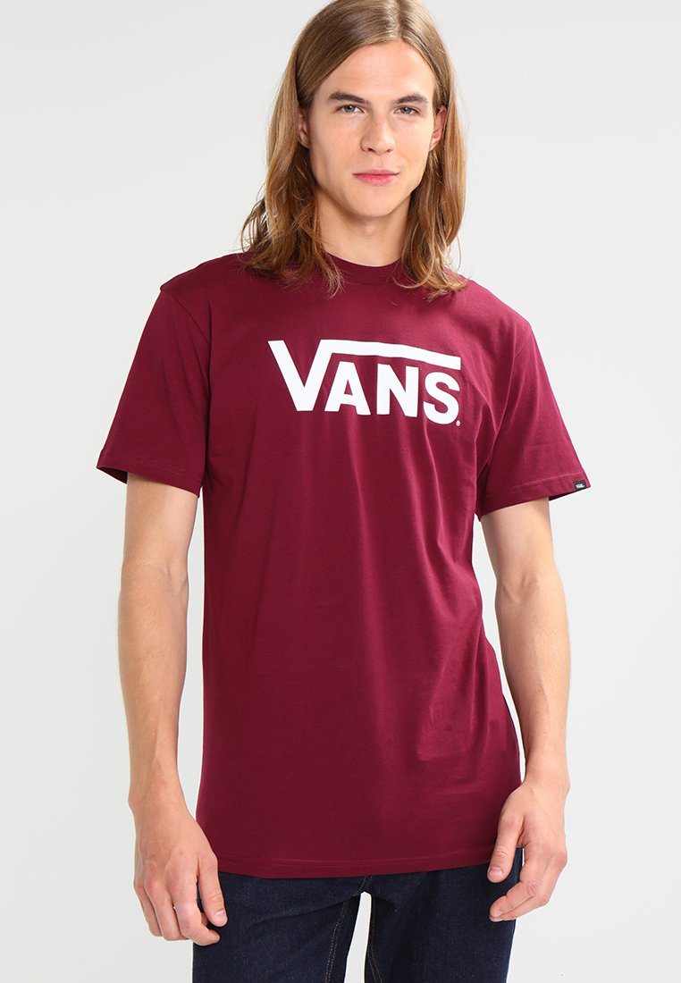 Bordový tričko s krátkým rukávem vyrobené z bavlny s bílým logem "VANS" natištěným na přední straně a standardním designem kulatého výstřihu.