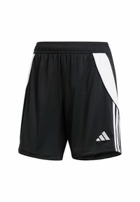 Pantaloni scurți sport negri cu panouri laterale albe, talie elastică și trei dungi albe pe laturile exterioare. Confecționați dintr-un material neted și ușor.