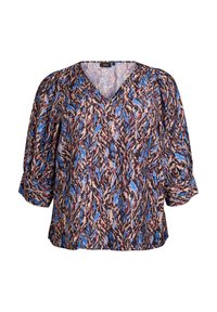 Brun bluse med V-udskæring, prydet med et farverigt abstrakt mønster i blå, rød og creme. Puffærmer tilføjer volumen til designet.