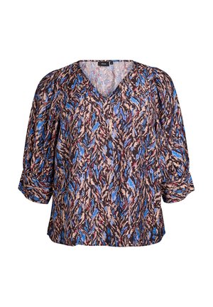 Ruskea pusero V-pääntiellä, jossa on värikäs abstrakti kuvio sinisestä, punaisesta ja kermasta. Puffihihat antavat muotoon lisää tilavuutta.