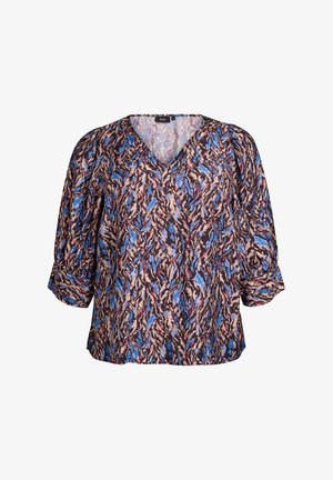 Blusa marrón con cuello en V, que presenta un patrón abstracto colorido en azul, rojo y crema. Las mangas abullonadas añaden volumen al diseño.