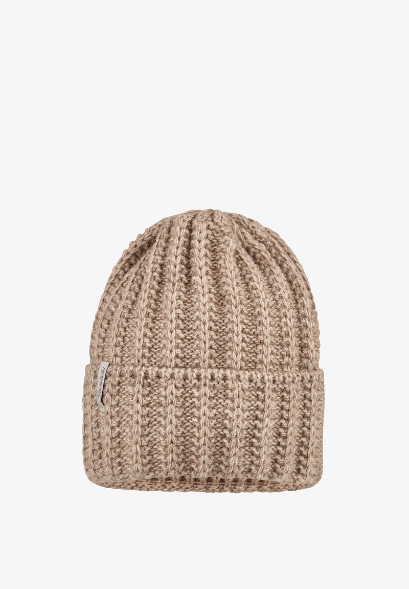 Beige knitted wool beanie with vertical ribbing and a folded cuff featuring a small fabric brand tag on a white background.
