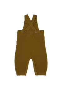 Strikkede olivengrønne dungarees med krydsede stropper, træknapper, ribbet tekstur og trykknapper i bunden for nem påklædning.