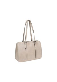 Beige schoudertas met twee lange, platte handvatten, een rechthoekige vorm en contrasterende zwarte stiksel. Glad synthetisch materiaal, ritsluiting.