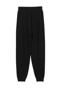 Schwarze Jogginghose mit elastischem Bund und Rippbündchen, lockere Passform, ohne sichtbare Logos oder Muster, vor einem weißen Hintergrund präsentiert.