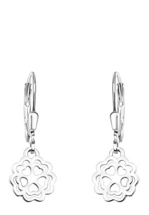 Silberohrringe mit floralem Design, featuring ausgeschnittene Herzen, Tropfen-Stil und Klappverschluss. Glatte, polierte Metalloberfläche.