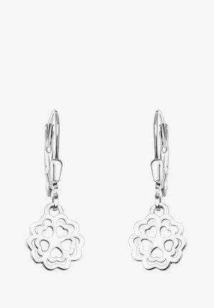 Silberohrringe mit floralem Design, featuring ausgeschnittene Herzen, Tropfen-Stil und Klappverschluss. Glatte, polierte Metalloberfläche.