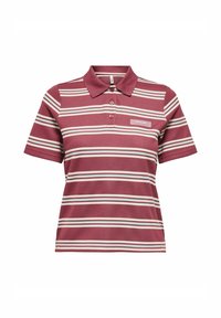 Kortærmet polo-shirt i mørkerød med hvide vandrette striber, krave-design og tre-knaps lukning. Har et "FEARLESS" mærke på brystet.