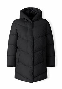 Giacca a vento nera con cappuccio, caratterizzata da un motivo trapuntato, cuciture diagonali e una vestibilità comoda. Inclusi taschini laterali con zip.