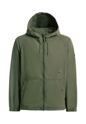 Chaqueta verde con capucha, cremallera frontal, cordones en la capucha, puños elásticos y dos bolsillos delanteros.