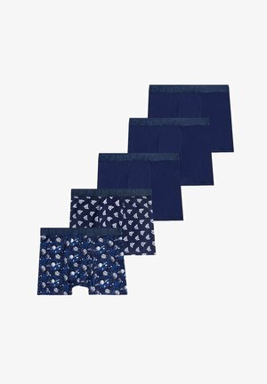 Viis tükki meeste bokserpükse tumesinises värvitoonis, millel on ühtlased värvid ja erinevad mustrid kosmoseteemadel. Elastne vöökoht brändi logoga.