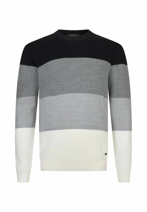 Hosszú ujjú, kerek nyakú pulóver vízszintes színblokkokkal, fekete, sötétszürke, világosszürke és fehér színekben.