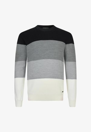 Pulover cu manșon lung și guler rotund, cu dungi orizontale în culorile negru, gri închis, gri deschis și alb.