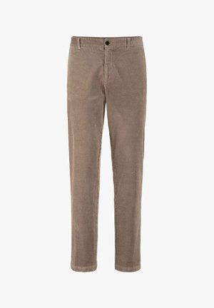 Lichtbruine corduroy broek met verticale ribbelstructuur, recht model, ritssluiting en een enkele knoopsluiting aan de voorkant.