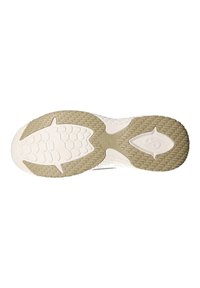 Schuhsohle mit strukturiertem Muster; überwiegend weiß mit beige Akzenten. Verfügt über hexagonales und ovales Profil für Grip und Flexibilität.