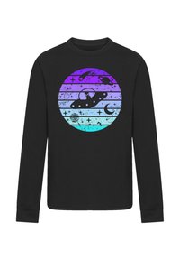 Schwarzes Langarmshirt mit einem kreisförmigen grafischen Design in einemGradient von Violett zu Türkis, das UFOs, Planeten und Sterne darstellt.