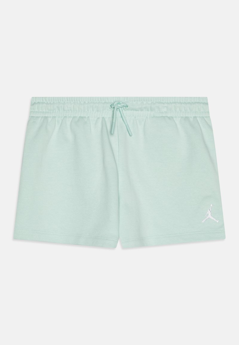 Youth shorts in light mint green fabric with an elastic waistband and drawstring. Features a white embroidered logo on the left leg.