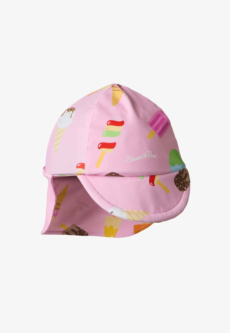 Chapeau de soleil rose pour enfants avec motifs glace et sucette glacée et rabat de nuque pour la protection solaire.